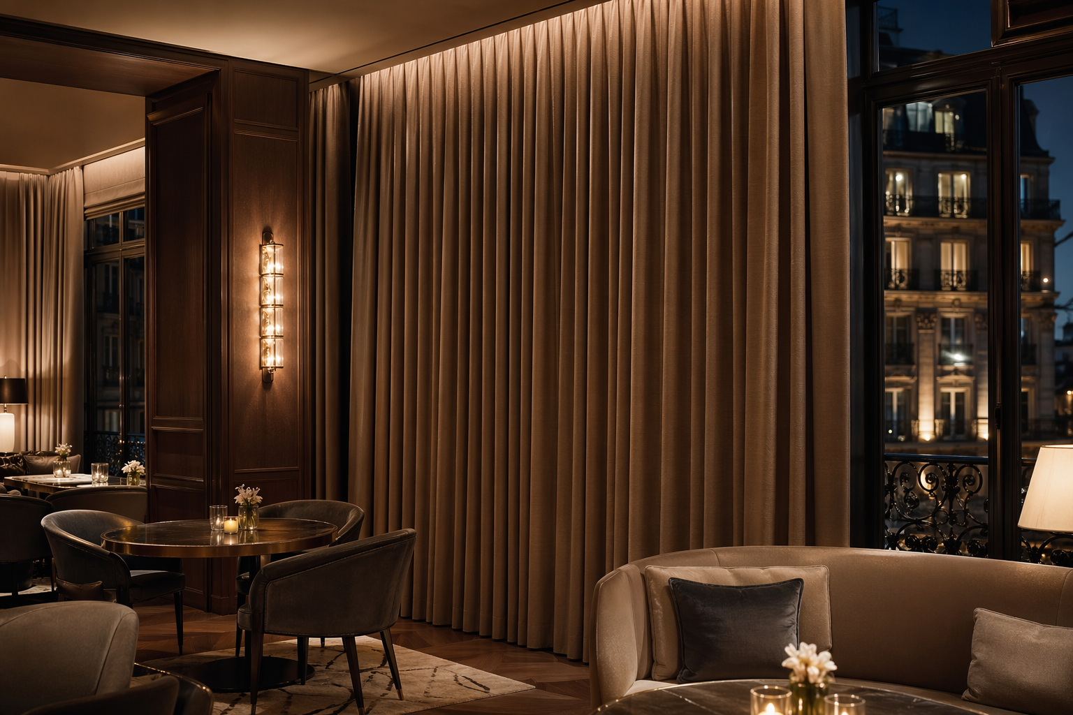Salon d’hôtel raffiné avec rideaux non-feu M1 M0 sur mesure dans une ambiance chaleureuse et professionnelle.