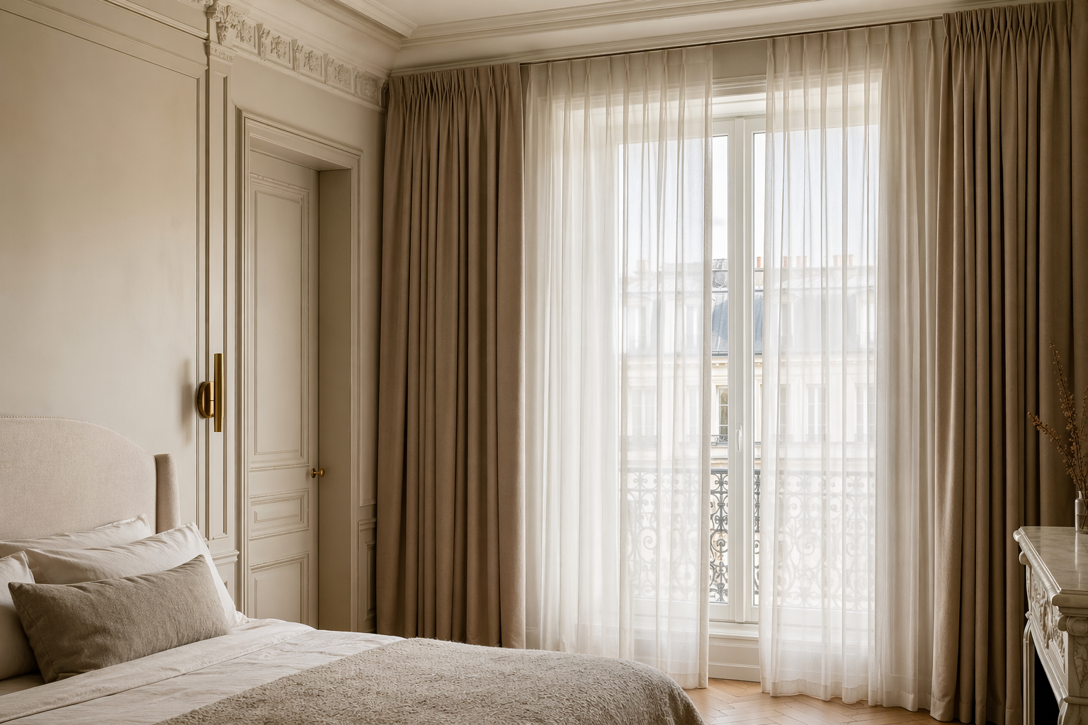 Grande fenêtre de chambre avec voilage léger et rideaux techniques sur mesure dans un intérieur parisien lumineux et raffiné.