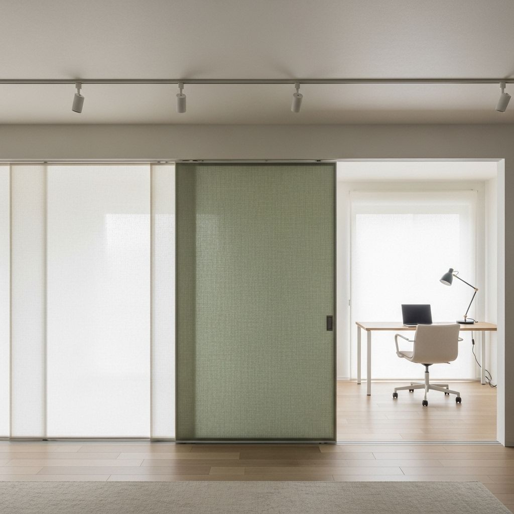 Parois japonaises blanches et vertes sur rail minimaliste séparant un espace bureau