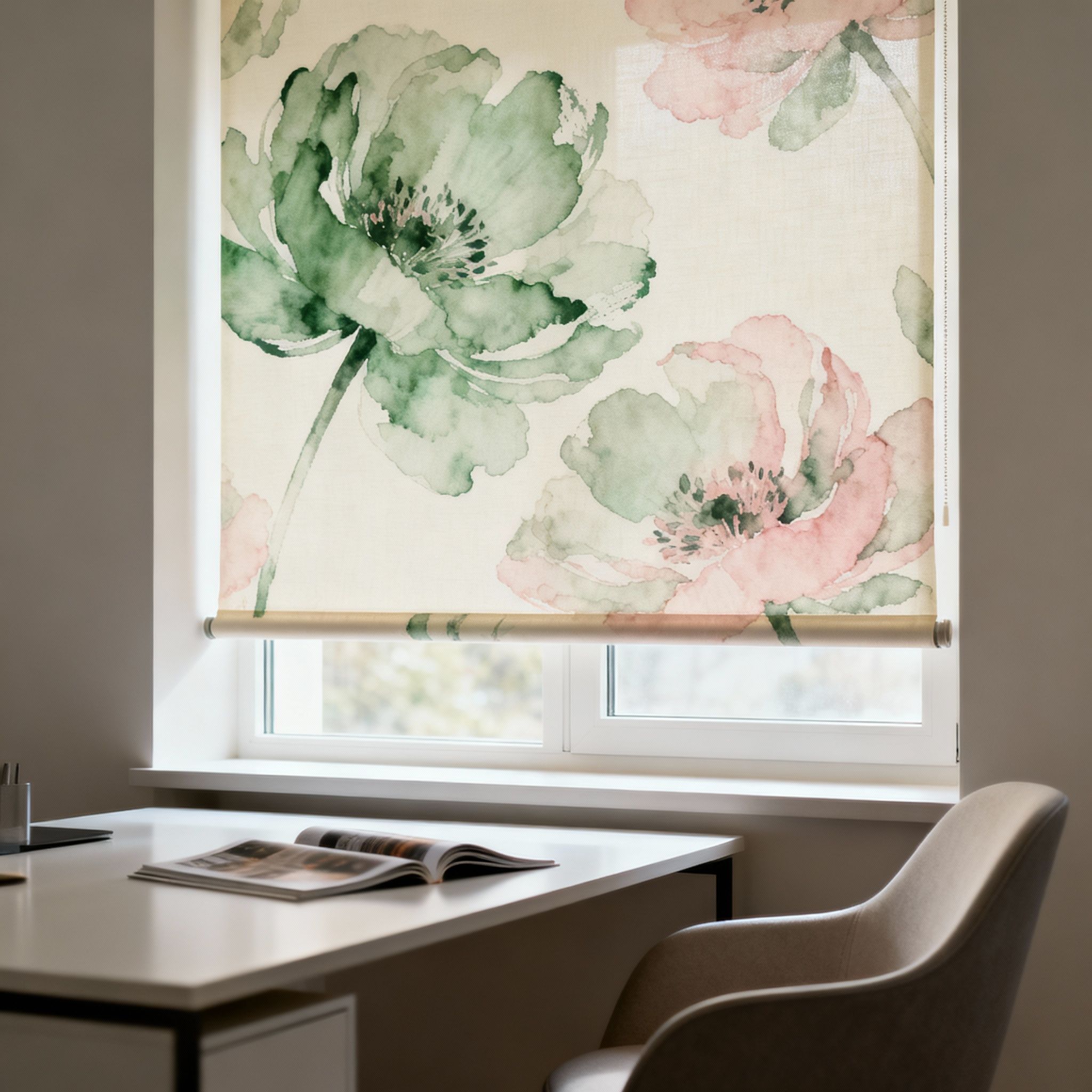 Store enrouleur avec motif floral aquarelle vert et beige dans bureau moderne