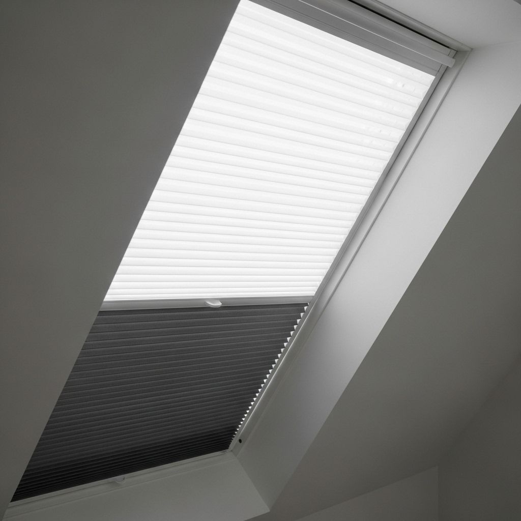 Store plissé jour/nuit blanc et gris sur fenêtre de toit inclinée
