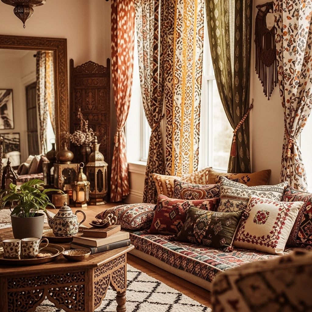 Rideaux bohème ethniques avec motifs ikat multicolores orange terracotta et décoration orientale