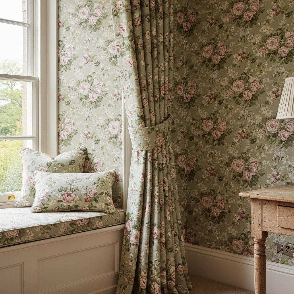 Rideaux cottage anglais avec motifs floraux roses et verts coordonnés au papier peint et coussins
