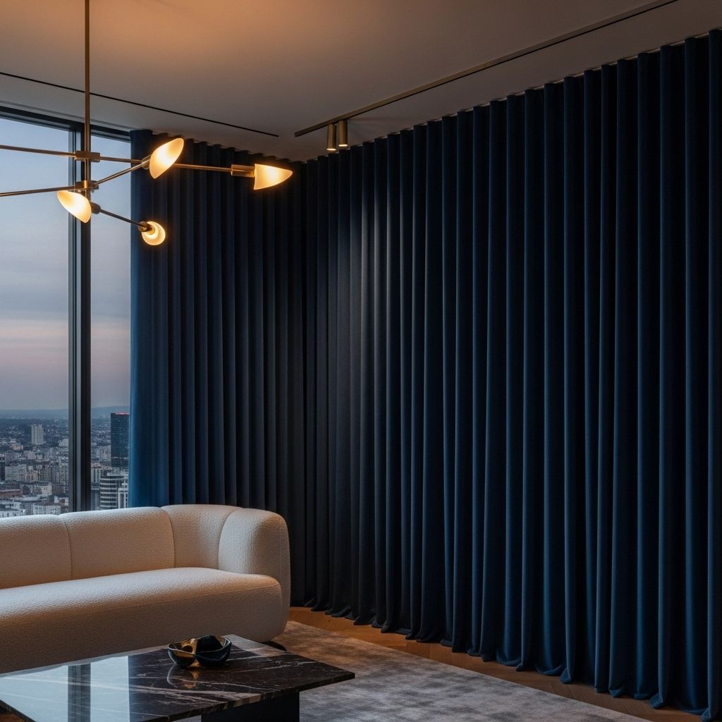 Rideaux glamour en velours bleu nuit avec plis parfaits et luminaire doré vue panoramique