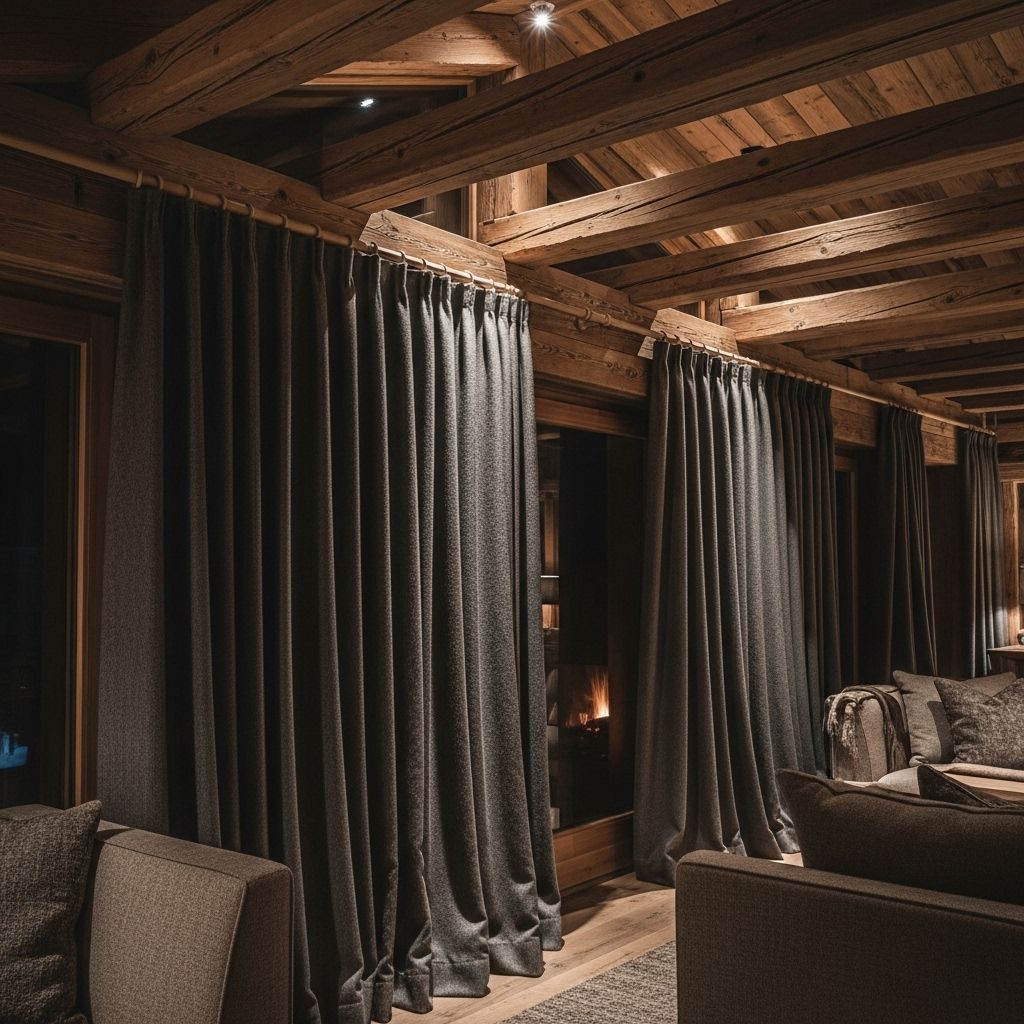 Rideaux chalet montagne en laine grise épaisse sur tringles bois massif avec poutres apparentes