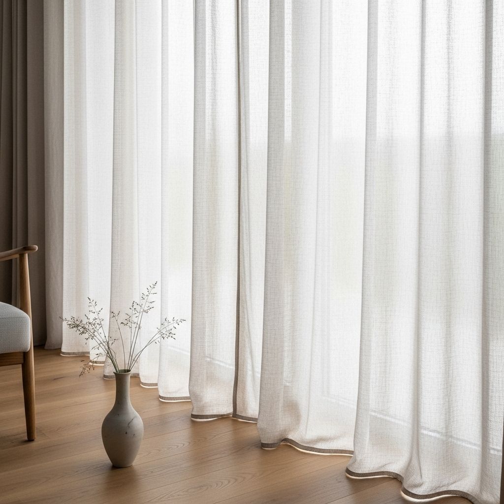 Rideaux scandinaves en lin blanc cassé et gris avec plis ondulés et texture naturelle