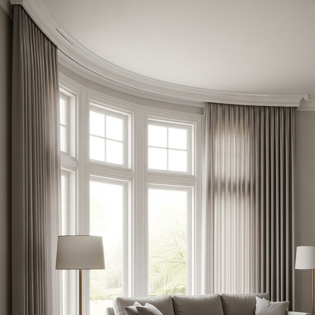 Rail rideau classique cintré au plafond avec rideaux gris dégradé
