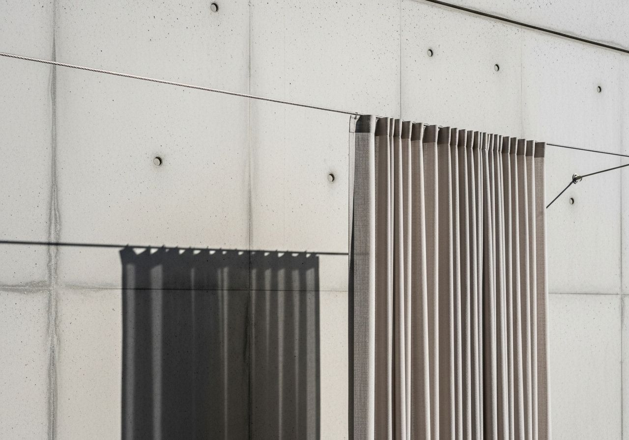 Système de tringle câble tendu minimaliste avec rideaux beige et gris sur béton