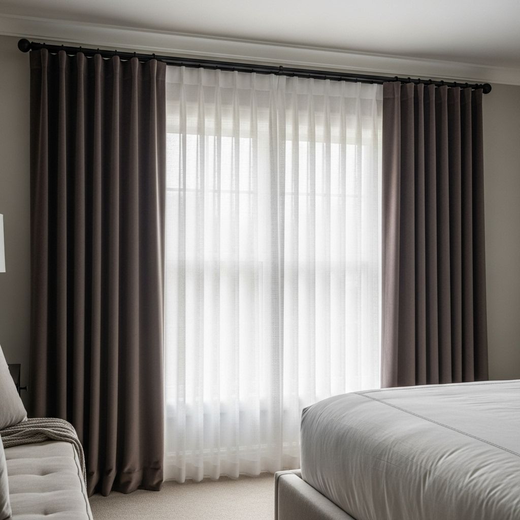 Double tringle noire avec voilage blanc et rideau occultant taupe dans chambre